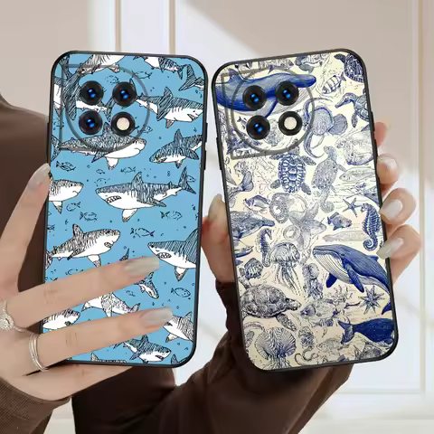 Cartoon Blue Shark For Oneplus 8T 9 9R 10 Pro 11 12 13 13R 5G ACE 5 Nord2 4 CE 3 4 Lite N20 SE N200 