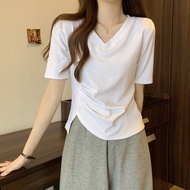 Womens T-shirt 2024 Summer New Versatile Slim V-neck Fashion Loose Casual Top