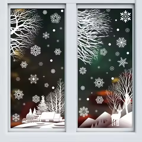 Christmas White Snowflake Tree Branch Window Sticker Hummingbird Forest Snow Scenery New Year Door S