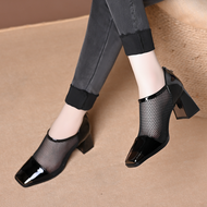 Spring womens leather shoes thick heels deep mouth single shoes high heels mesh square toe high heel