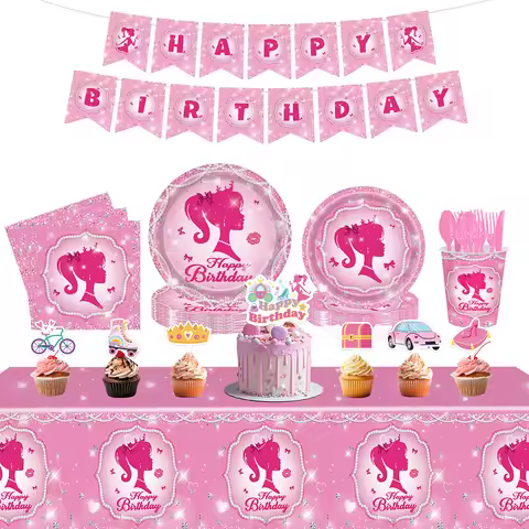Pink Barbie Themed Happy Birthday Holiday Party Disposable Tableware Supplies Show Paper Plate Cup P