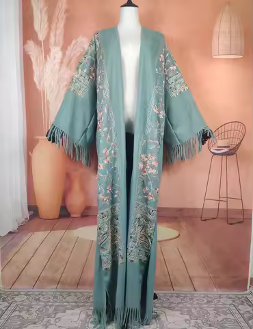 Autumn Winter African Women's Cashmere Open Front Feather Long Kimonos Bohemian European Lady Warm O