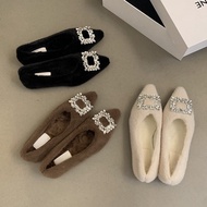 Rhinestone Fur Shoes - Korean Style Flat Pointed Women