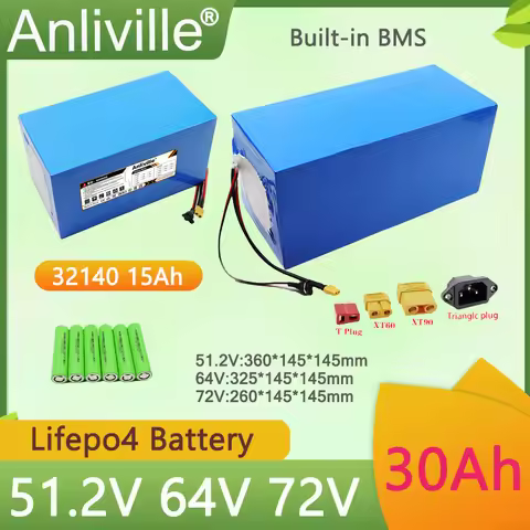 New 51.2V 64V 72V 30Ah Lifepo4 Battery Pack 32140 15Ah 16S/20S/22S2P with BMS for 48V 60V 72V E-Boat