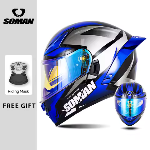 SOMAN Motorcycle Helmet Double Lens Flip Up Helmets with HD Colorful Visor Men Women Modular Full Fa