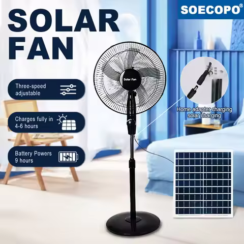 SOECOPO Solar Rechargeable Pedestal Fan 18000mAh Battery 12W Panel 3-Speed with AC Adapter Charging 