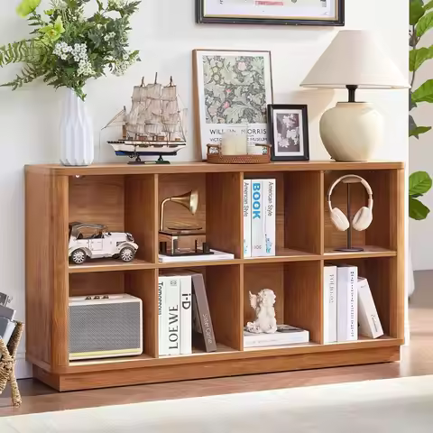 8 Cube Storage Book Shelf, 52" Long Horizontal Bookshelf with Curved Edge, Floor Standing Wooden Cub
