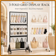 Foldable Mobile Grid Display Rack Pegboard Rack With Wheels Metal Mesh Stand For Snacks Tools Bags C