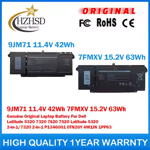9JM71 11.4V 42Wh 7FMXV 15.2V 63Wh Genuine Original Laptop Battery For Dell Latitude 5320 7320 7420 7