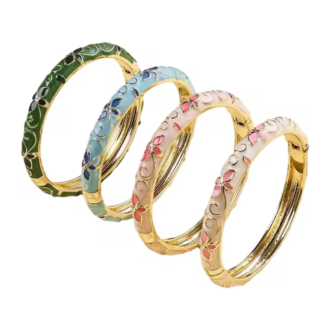 FTCY Flower Pattern Enamel Cloisonne Bracelet For Women Retro Gold Color Plated Bangles for Girls Wo