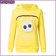 Women Spring Hoodie with Cat Nest Cartoon Print Big Zipper Pocket Hooded Long Sleeves Keep Warm Pull