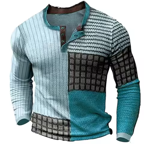 New Color Block Patchwork 3D Printed Henley Shirts Men's Fashion Vintage Button-Down Long Sleeve T S