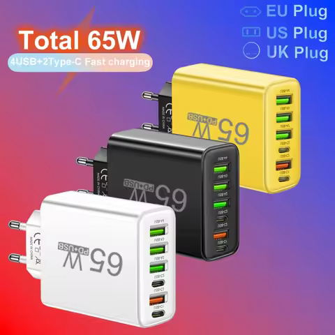 65W Fast Charger Multi Interface Mobile Phone Charger 2type-C PD+4usb Travel Charger 3.1A Charging H