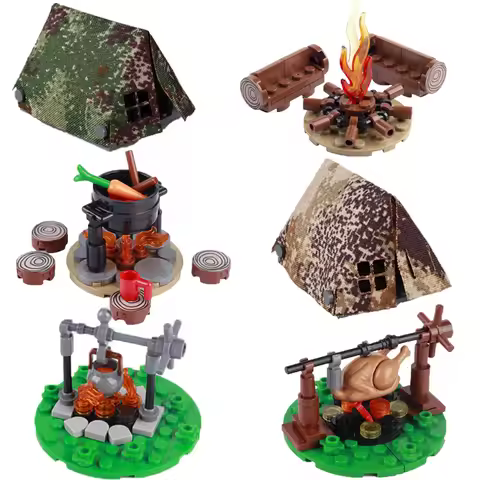 MOC Military Medieval Building Blocks Solider Figures Accessories Bonfire Tent Roast Chicken Camping
