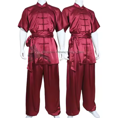 Dark Red Chinese Tai chi Suit Changquan Shortsleeves Wushu Kung fu Uniforms Wing Chun Clothes