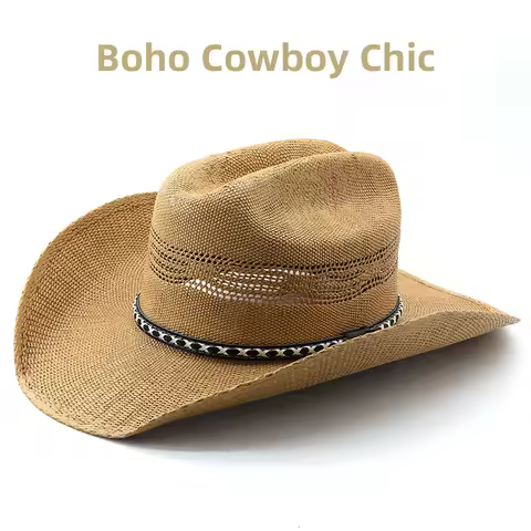 Handwoven Straw Cowboy Hat - Western Style Riding Hat for Men & Women, Bohemian Elegant Fedora