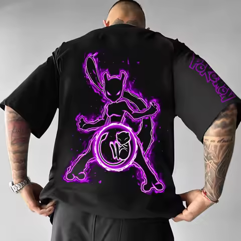 2026 Summer Pokemon Cotton T Shirt Mewtwo And Mew Purple Back Print With Pokemon Sleeve Text Loose F