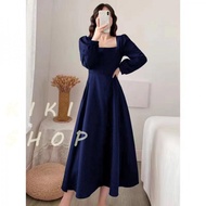 Warehouse KIKI ins Style Four-Color Designer Series Over-the-Knee Long Dress Half-Sleeved Dress One-Piece Dress French Retro Fashion Square Neck Classy Dress Long