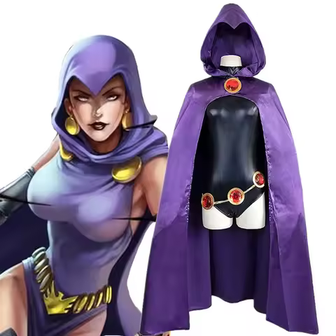 ABC123Teen Titans Super Hero Raven Cosplay Costume Women Black Bodysuit Purple Hooded Cloak Jumpsuit