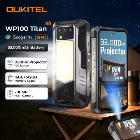 Oukitel WP100 Titan Rugged Phone 33000mAh 66W Charger 200MP Camera Built-in Projector Camping Light 