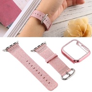 For Apple Watch Series 5  4 44mm Diamond Glitter Flash Protective Case + Leather Watchband(Pink)