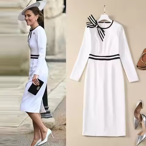 Kate Middleton Princess Women Long Sleeve O-Neck Bow Dress