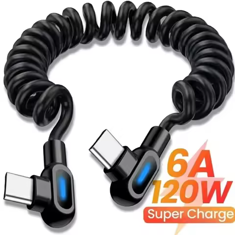 120W 6A Dual 90 Degree Elbow Coiled Spring Cable USB A to C Type C to C LED Light Retractable Data C