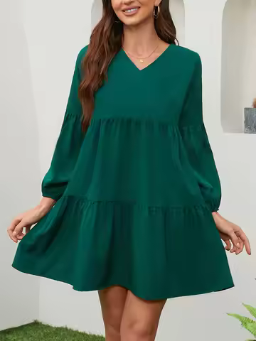 Women's Casual Long Sleeve V Neck Dress Bishop Sleeve Ruffle Hem Short Dress for Spring And Fall Lad