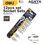 DELI 12pcs Socket Set Cr-V (1/4") 5mm-14mm DL0012T Crv Steel Socket Ratchet Wrench Set Set Soket Crv