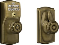 Schlage FE595 CAM 609 GEO Camelot Keypad Entry with Flex-Lock and Georgian Style Knobs, Antique Bras