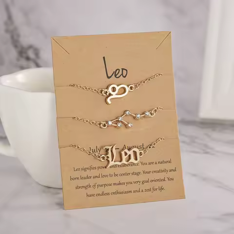 3 PCS/Set Zodiac Sign Chain Bracelet for Women Couple 12 Constellation Gold Color Star Rhinestone Bi