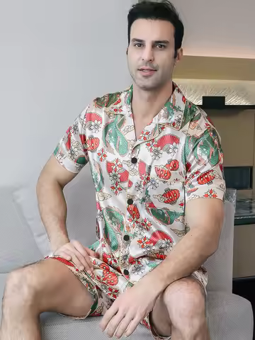 Two piece sets for men's pajamas summer short sleeved shorts dragon pattern printed home clothing sl