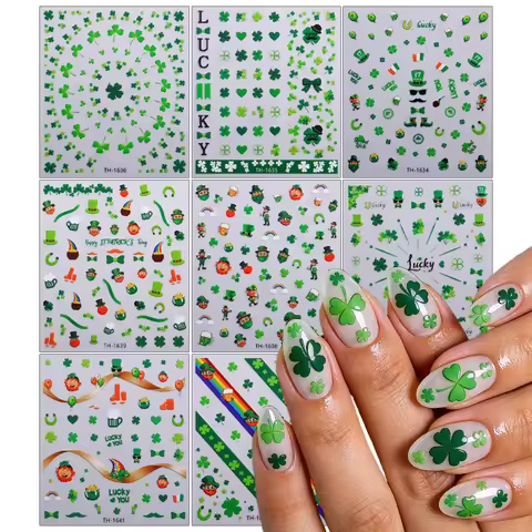 3D St. Patrick's Day Nail Art Sticker Green Clover Lucky Shamrock Self-Adhesive Decals Sliders for N