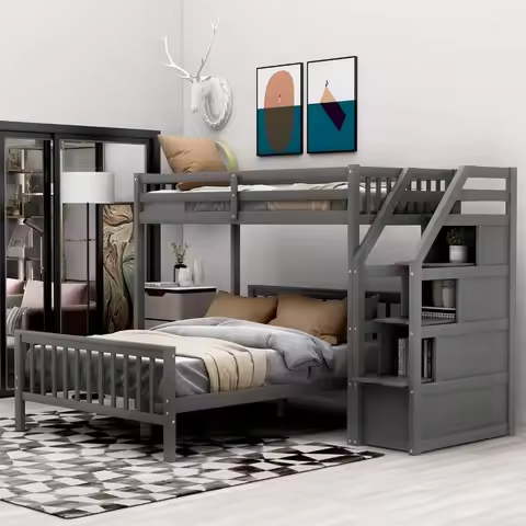 Twin Over Full Bunk Bed, Wooden Twin Over Full Bunk Bed Frame with Storage and Stairs, Can be Divide