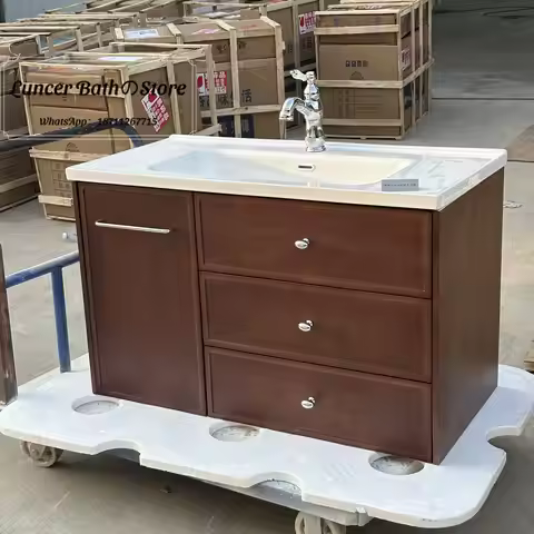 MCM Vintage Bathroom Vanity Set, Hair Dryer Pull Out Basket, Ceramic Integrated Basin for Toilet, Ha