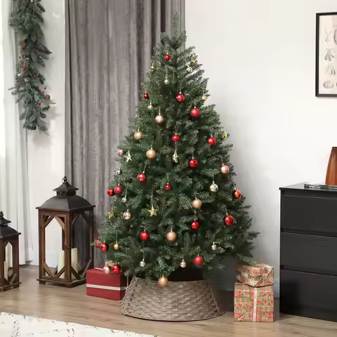 HOMCOM 27 inch Rustic Christmas Tree Collar, Plastic Woven Christmas Tree Skirt, Base Cover for Part