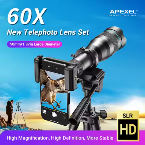 APEXEL 60X Telephoto Phone Lens Metal Monocular LongRange with Tripod for Iphone13/14 ProMax Outdoor