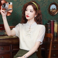 2025 New Tops Chinese Style National Style Stand C 2025新款上衣中式国风立领盘扣刺绣贴花衬衣衬衫百搭减龄DST24
