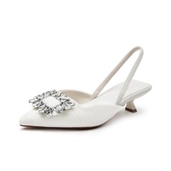 รองเท้าส้นสูง รองเท้าแฟชั่นหญิง หัวแหลม ประดับพลอยเทียม ทรงสี่เหลี่ยม สวยๆกันไปเลย สไตล์แฟรี่#A62 รอ