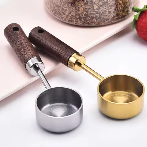 15ml Stainless Steel Measuring Spoon Tablespoon Coffee Scoop Wood Handle Sugar Powder Coffee Bean Me