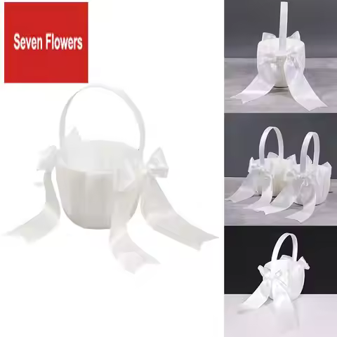 2 Pack White Flower Girl Basket Wedding Basket For Flower Girls Cute Satin Flower Girl Basket