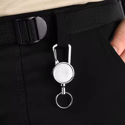 2025 QOONG All Metal Easy Pull Buckle Keychain High Rebound Kevlar Rope Key Ring Anti-Theft Keyring