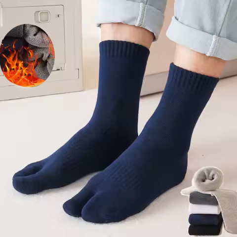 5 Pairs Winter Two Toed Tabi Socks Men's Thicken Warm Solid Color Flip Flops Sock 2 Fingers Casual M