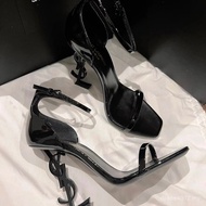 Yangshulin YSL-Inspired Gold Heel Sandals - Square Toe Patent Leather Summer Fashion