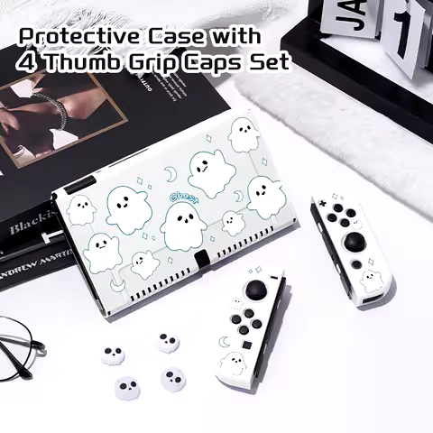 1 Pcs White ghost Protective Case Bundle with 4pcs Grip Caps For Nintendo Switch OLED