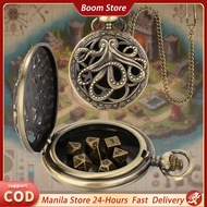 Zinc Alloy D&D Dice Set With Vintage Flip Octopus Pocket Watch Case 7pcs Metal Polyhedral Game Dice