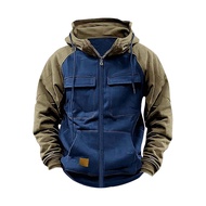 Fall Winter Men Hoodie Zipper Closure Elastic Cuff Retro Multi Pockets Cargo Style Warm Cardigan Coa