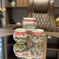 Jambul cup ceramic cup from Bat Trang with embossed lace and attached to crested cage ears