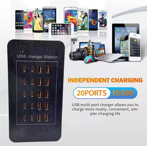 USB charger, USB C Charger block, 100W (20A)20 port multi USB charger station desktop USB wall charg