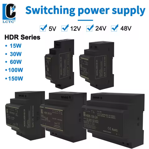 Switching Power Supply 5V/12V/24V/48V DIN Rail Power Supply AC to DC HDR-15/30/60/100/150W LED DC Sw